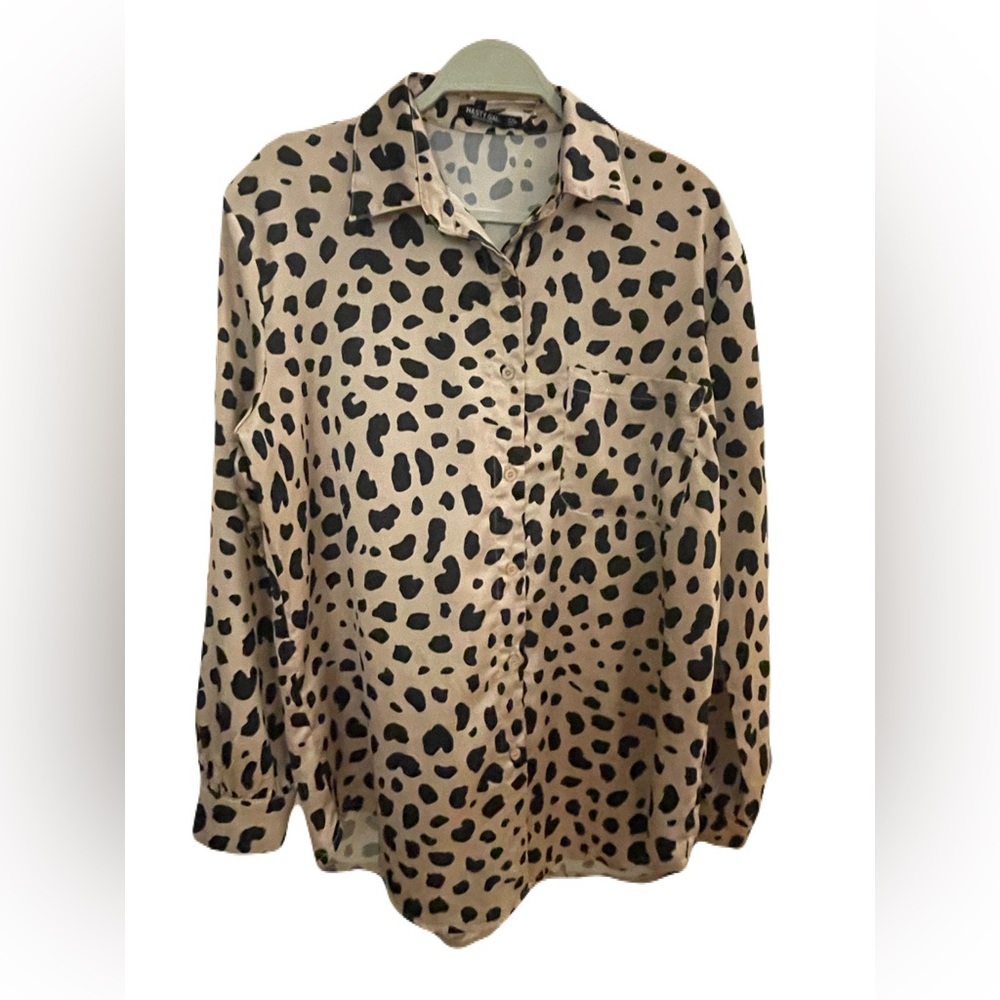 NASTY GAL Leopard print button-up satin blouse